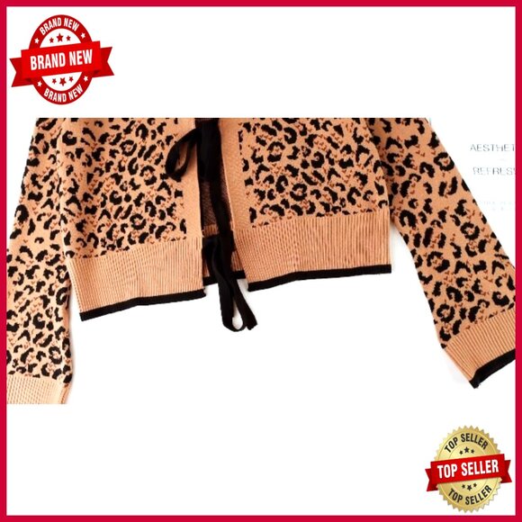 Leopard Print Bow Tie Cardigan Long Sleeve Open Front Knit Sweater Casual - Picture 7 of 7